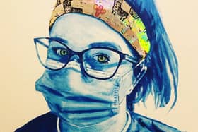 Mark Kellett's #PortraitsForNHSHeroes artwork of QA worker, Laura Whittenham.