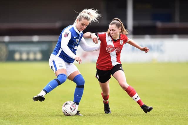 Alisha Ware (right) in action for Southampton during their Women's FA Cup 5th round defeat at Birmingham City at the weekend - the club's first competitive defeat of the season. Photo by Nathan Stirk/Getty Images.