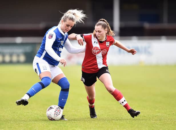 Alisha Ware (right) in action for Southampton during their Women's FA Cup 5th round defeat at Birmingham City at the weekend - the club's first competitive defeat of the season. Photo by Nathan Stirk/Getty Images.