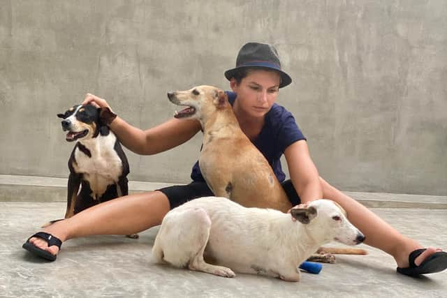 Tereza Oharkova with stray dogs in Sri Lanka