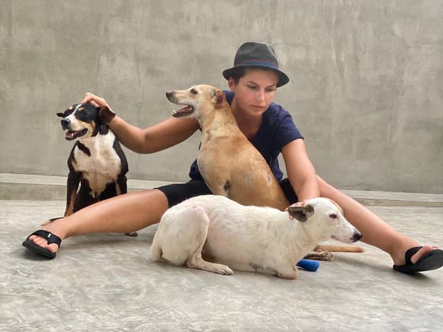 Tereza Oharkova with stray dogs in Sri Lanka