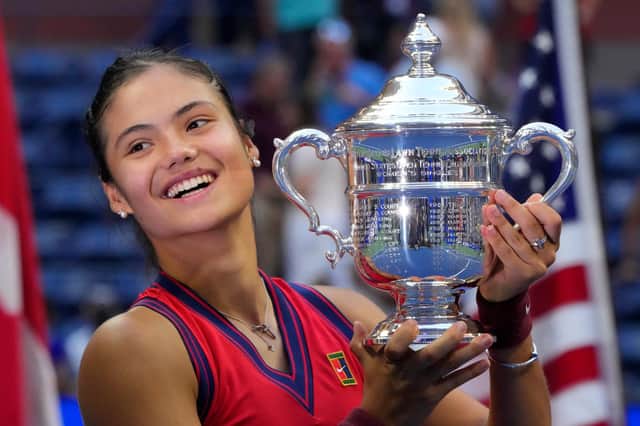 Emma Raducanu with her US Open title. Picture: Timothy A.Clary/Getty Images