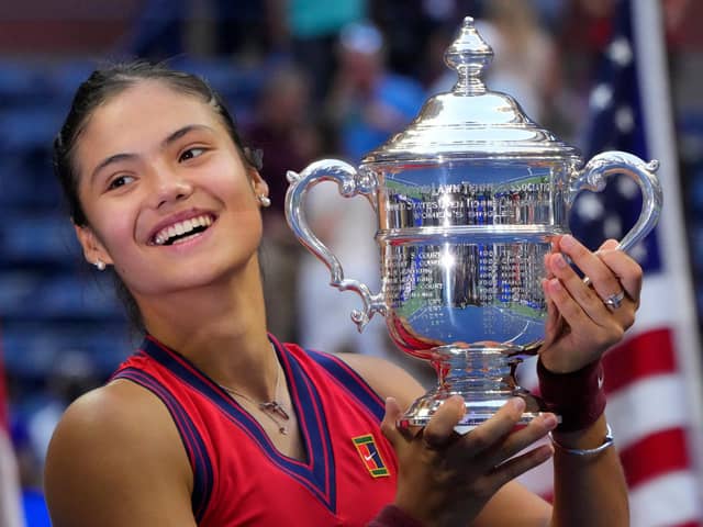 Emma Raducanu with her US Open title. Picture: Timothy A.Clary/Getty Images