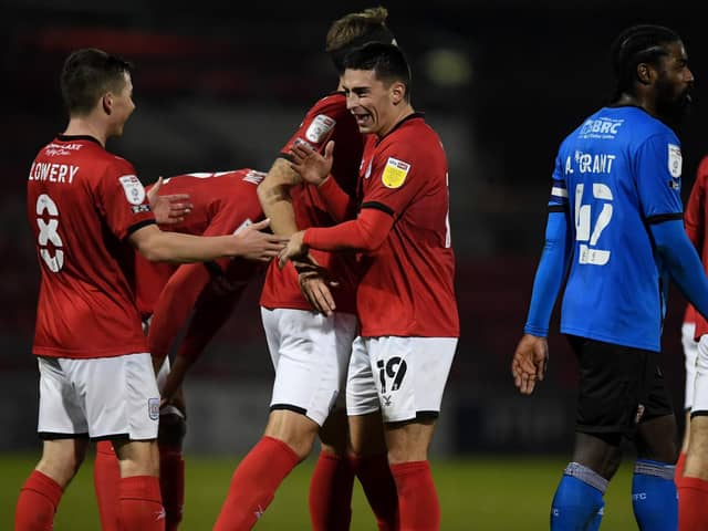 Owen Dale (right) celebrates with Tom Lowery (left) after scoring Crewe's fourth goal in a 4-2 win over Swindon in December 2000. Picture: Gareth Copley/Getty Images