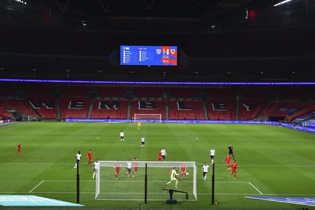 You can go to the theatre, but England played Wales last week in a totally empty 90,000 Wembley Stadium. Picture: Glynn Kirk/Pool via AP)