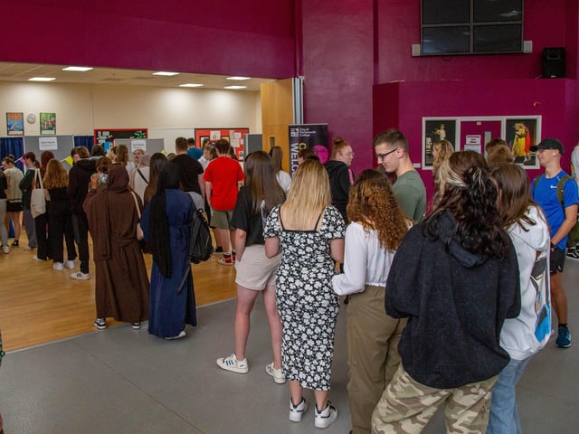 Pictured: Students queuing up for their results.
