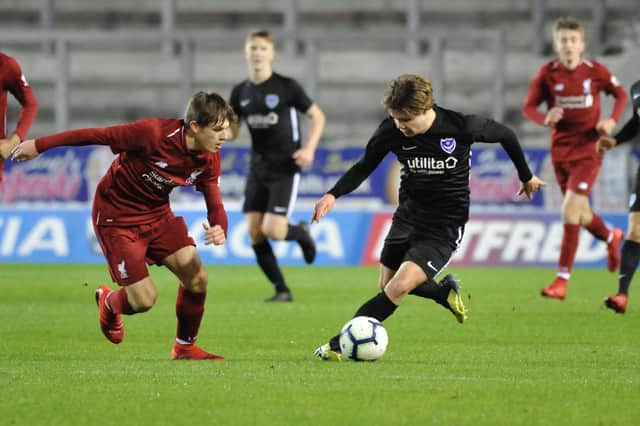 Oscar Johnston, in action for Pompey in an FA Youth Cup tie against Liverpool, has rejoined the Portchester squad after trials in Scandinavia. Pic: Colin Farmery
