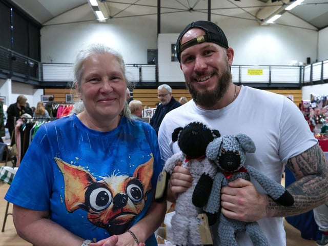 Sharon Brooker and Steve Chivalry on the Chihuahua Rescue stand at HTC Christmas Fayre 2024.  Picture: Chris  Moorhouse (161124-55)