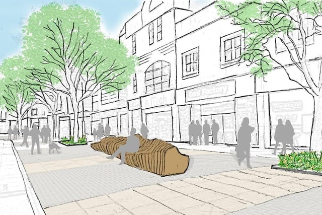 A sketch of what wooden sculptural seating and additional planting could look like on Commercial Road.