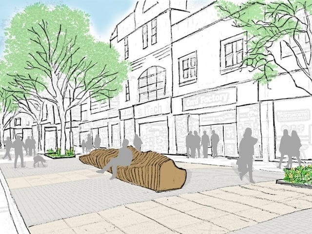 A sketch of what wooden sculptural seating and additional planting could look like on Commercial Road.