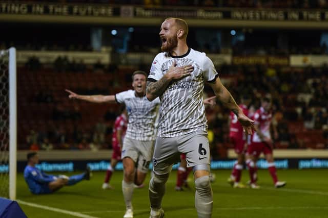 Connor Ogilvie celebrates putting Pompey 3-0 up after 17 minutes against Barnsley. Picture: Jason Brown/ProSportsImages