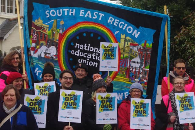 'Hands off our pensions', say protesters at the previous strike day. Picture: NEU