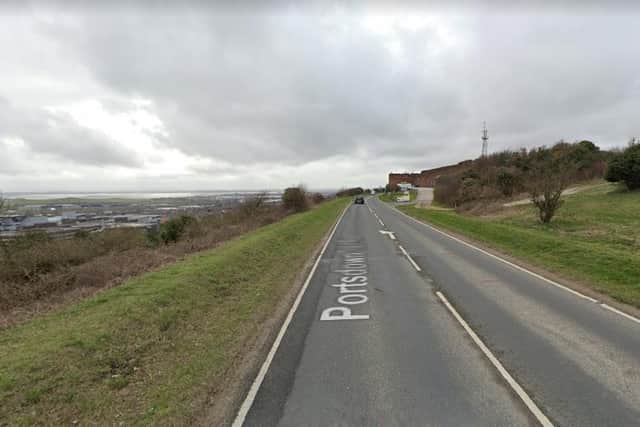 The crash, involving a black Land Rover Discovery and a blue Suzuki GSXS 750 motorbike, happened on Portsdown Hill Road. Picture: Google Street View.