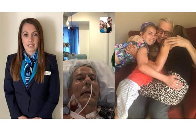 Lisa Griffiths, her dad Melvin Slepcevic, who spent six weeks in a coma with Covid, and Melvin after he returned home to his family.