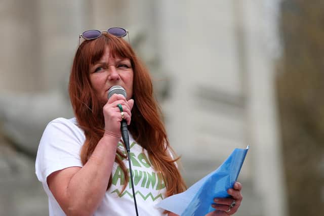 Paula Ann Savage delivers a speech on behalf of Stephen Morgan MP at the Stop Aquind rally on April 22 in Guildhall Square. Picture: Chris Moorhouse.