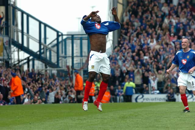 Lomana Lualua celebrates in arguably the most memorable south coast derby of the modern era in 2005. PICTURE:JONATHAN BRADY    051934-218