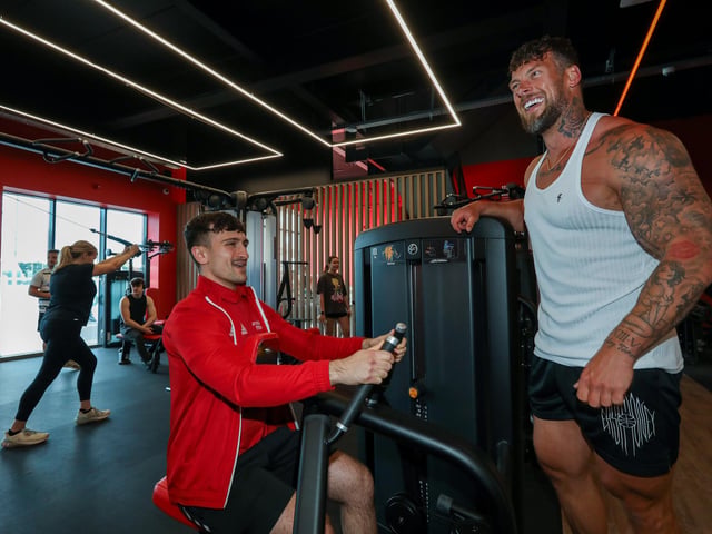 Assistant manager Reece Lambourne with Jamie Christian at the opening of Snap Fitness Fareham.Picture: Chris  Moorhouse (220624-26)