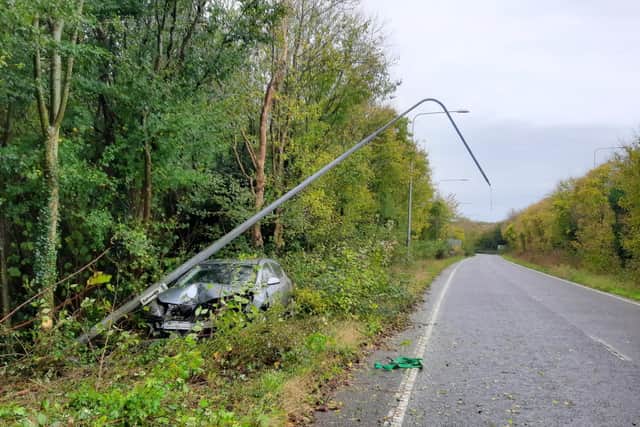 An uninsured driver spun out of control on the A27 in Emsworth this morning and slammed his car into a lamp post. Picture: Hampshire Roads Policing Unit.