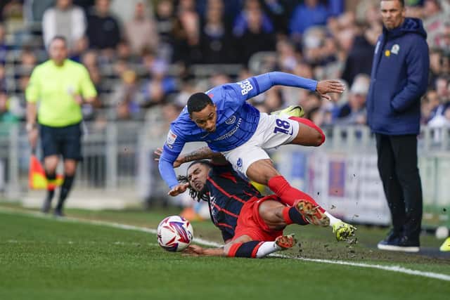 Blackburn's Tyrhys Dolan's foul on Cohen Bramall earned him a first-half booking at Fratton Park. Picture: Jason Brown/ProSportsImages