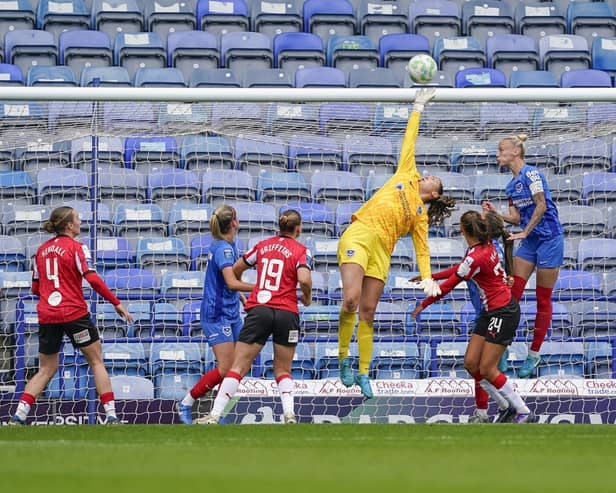 Another save from Eve Annets as Southampton threaten Pompey. Picture: Jason Brown