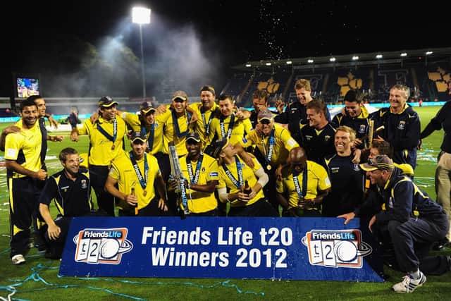 Hampshire celebrate winning the T20 tournament in August 2012 - this year's final will take place in October. Photo by Stu Forster/Getty Images.