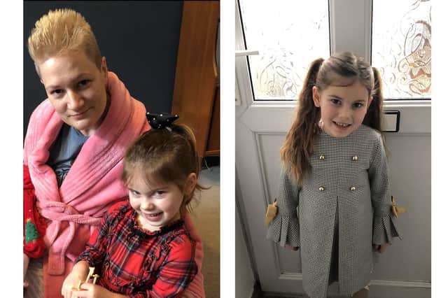 Four-year-old Gracie Burrows from Copnor will be cutting up to 10 inches from her hair to raise funds for Matts Mission Children's Charity in memory of her mum's best friend Kelly. Pictured: Auntie Kelly Holden, left, and Gracie