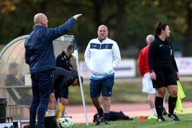 US Portsmouth manager Glenn Turnbull (white top) admits 'harsh words' were spoken after Tuesday's injury-time loss at Alton. Picture: Chris Moorhouse