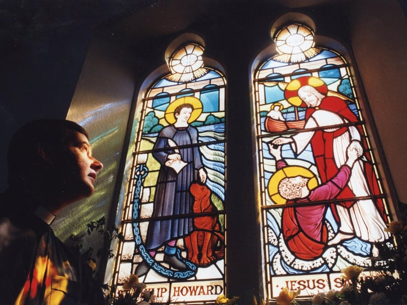 Sunlight shines through the stained glass window at The Sacred Heart Church in Bishops Field Road, Fareham May 6 1995. The News PP3154