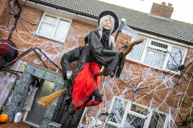 Becky Donnelley has dressed her house in giant homemade Halloween decorations in aid of raising money for The Rowans hospice
Pictured - Incredible handmade Halloween displays in Becky's front garden
Photos by Alex Shute