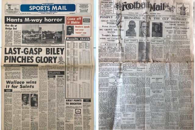 Left - Pompey 2 Oxford United 1, Division 2, December 1984 - two late Alan Biley goals give Blues a dramatic success against the eventual champions. Right - Pompey 4 Wolves 1, April 1939 - the club's first FA Cup final success.