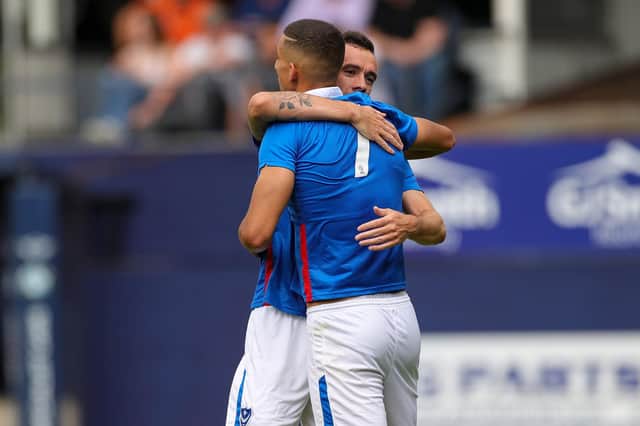 Gassan Ahadme celebrates with fellow summer arrival Shaun Williams follow the striker's equaliser at Luton on Saturday. Picture: Nigel Keene/ProSportsImages