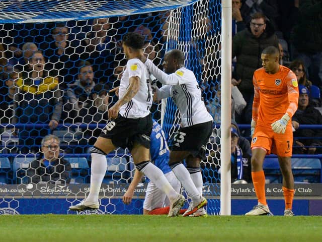 Gavin Bazunu can only look on in horror as Macauley Bonne gives Ipswich a first-half lead against Pompey. Picture: Graham Hunt/ProSportsImages