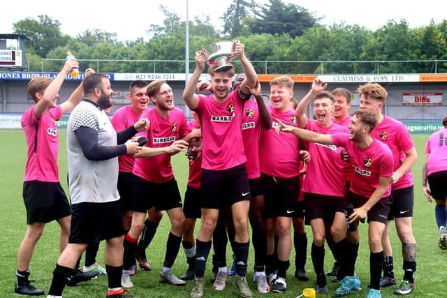 AFC Trades celebrate after beating Horndean United 5-0 at Westleigh Park to win the PDFA Plate. Picture: Tom Phillips