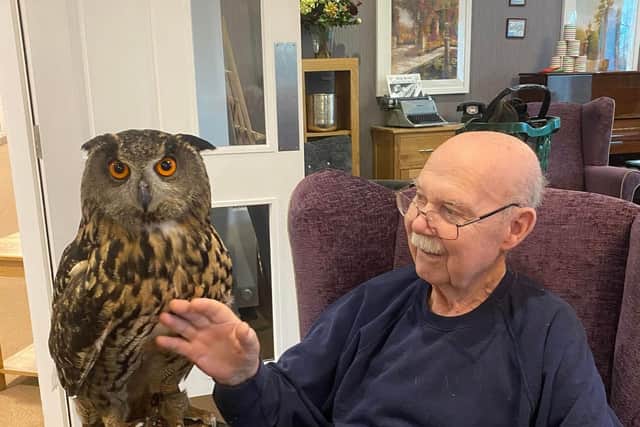 Residents at Denmead Grange Care Home welcomed a mobile owl zoo to their home.
