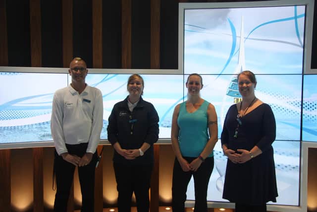 Jack Carthew takes on the Spinnaker Tower steps for charity.
Pictured is: L-R Paul Pycroft, Evie Sadleviciute, Jack Carthew & Sonya Cohead