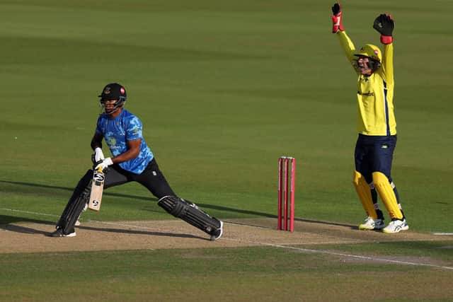 Hampshire's Ben McDermott successfully appeals the wicket of  Delray Rawlins, trapped leg before by Mason Crane. Photo by Warren Little/Getty Images