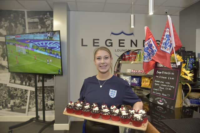England fans come to the Legends Lounge at Portsmouth FC on Monday, November 21 to watch the England v Iran World Cup match. 

Pictured is: Rosie Warren from the Piglet Pantry.

Picture: Sarah Standing (211122-6865)