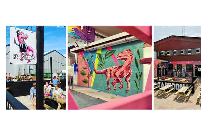 Caption: Brewery Staggeringly Good has reported roaring trade during the first month of trading in its new tap-room, with dinosaur themed decorations from Southsea artist Samo White.