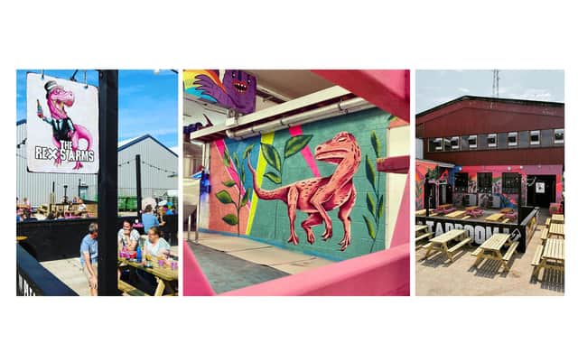 Caption: Brewery Staggeringly Good has reported roaring trade during the first month of trading in its new tap-room, with dinosaur themed decorations from Southsea artist Samo White.