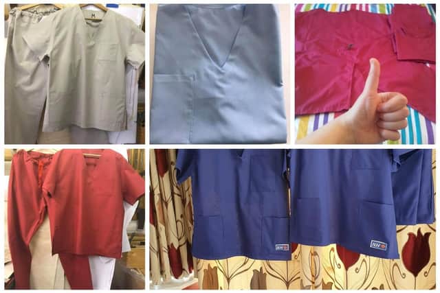 Sets of scrubs which have been created by members of Lin Gell's Facebook group