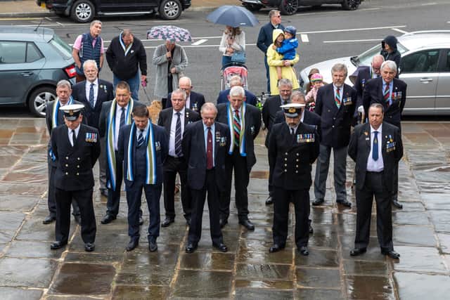 Former members of the ships company from HMS Sheffield at the service. Picture: Mike Cooter (010522)