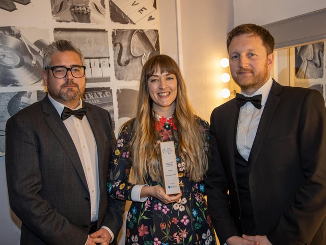 Winners of Outstanding Contribution to Business, Joe Watson, Kelly Jones and Ben Miles of Victorious Festival.