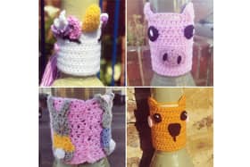 Mum and daughter duo Holly and Elsie Mitchell, four, have been putting out 'yarn bomb' creations to cheer up children heading to St John's CE Primary School in Gosport. Pictured: A selection of the yarn creatures