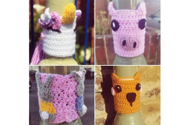 Mum and daughter duo Holly and Elsie Mitchell, four, have been putting out 'yarn bomb' creations to cheer up children heading to St John's CE Primary School in Gosport. Pictured: A selection of the yarn creatures