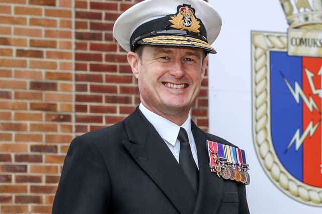 Rear Admiral Andy Burns made a Companion of the Order of the Bath. He is pictured outside HMS Excellent in Portsmouth.