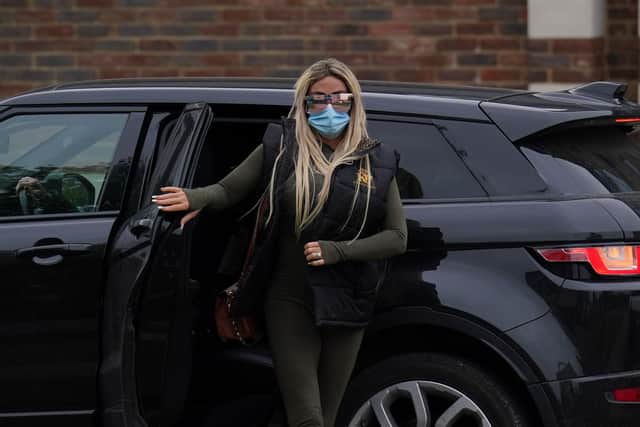 Katie Price outside Crawley Magistrates' Court in West Sussex, where she is appearing charged with harassment - breach of a restraining order. Picture date: Wednesday April 27, 2022. Picture: Steve Parsons/PA Wire/PA Images.