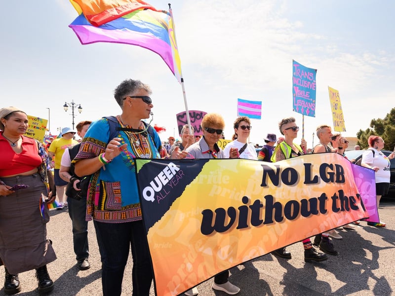 Pictured is: A group attending the Portsmouth Pride event. Their banner reads 'no LGB without the T.'


Picture: Keith Woodland