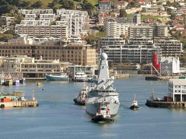 2012. HMS Dauntless leaving Cape Town, South Africa after her operational stand down during her Auriga 12 deployment. HMS Dauntless will now continue her deployment carrying out Maritime Security Operations in the South Atlantic.
Picture: Flight Commander LA(Phot) Wilson/Royal Navy
