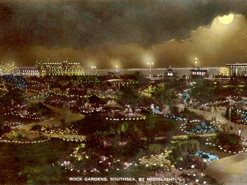 Southsea Rock Gardens lit up at night