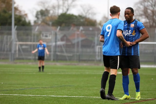 Lee Kaberry's goal celebration with Izzy Matonga. Picture: Chris Moorhouse